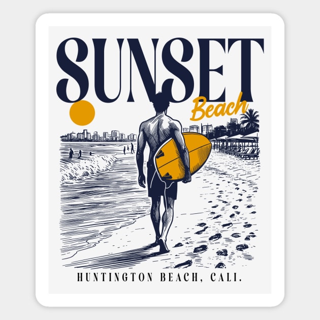 Vintage Surfing Sunset Beach, Huntington Beach, California // Retro Surfer Sketch // Surfer's Paradise Magnet by Now Boarding